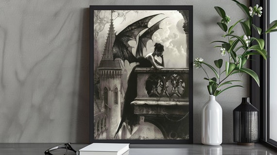 Brooding Gothic Fantasy Art Print Dark Angel On Gothic Balcony Elegant Gothic Decor Atmospheric Dark Wall Art