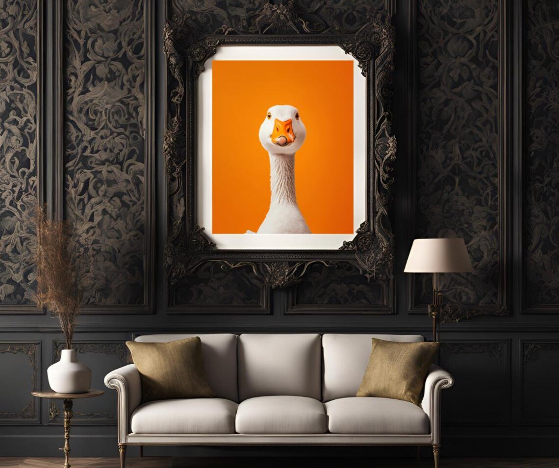 Playful White Goose Portrait Bold Orange Background Modern Art Poster - Image 3