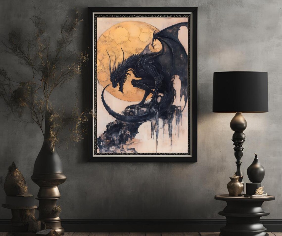 Majestic Black Dragon Golden Moon Ink Wash Dark Fantasy Art Poster - Image 2