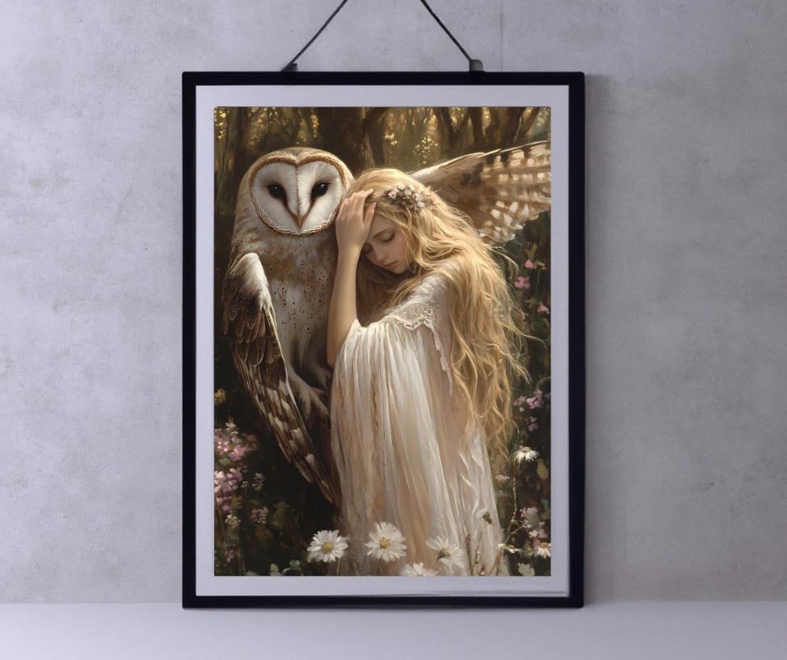 Blonde Goddess Gently Embracing a Giant Barn Owl Forest Flowers Poster