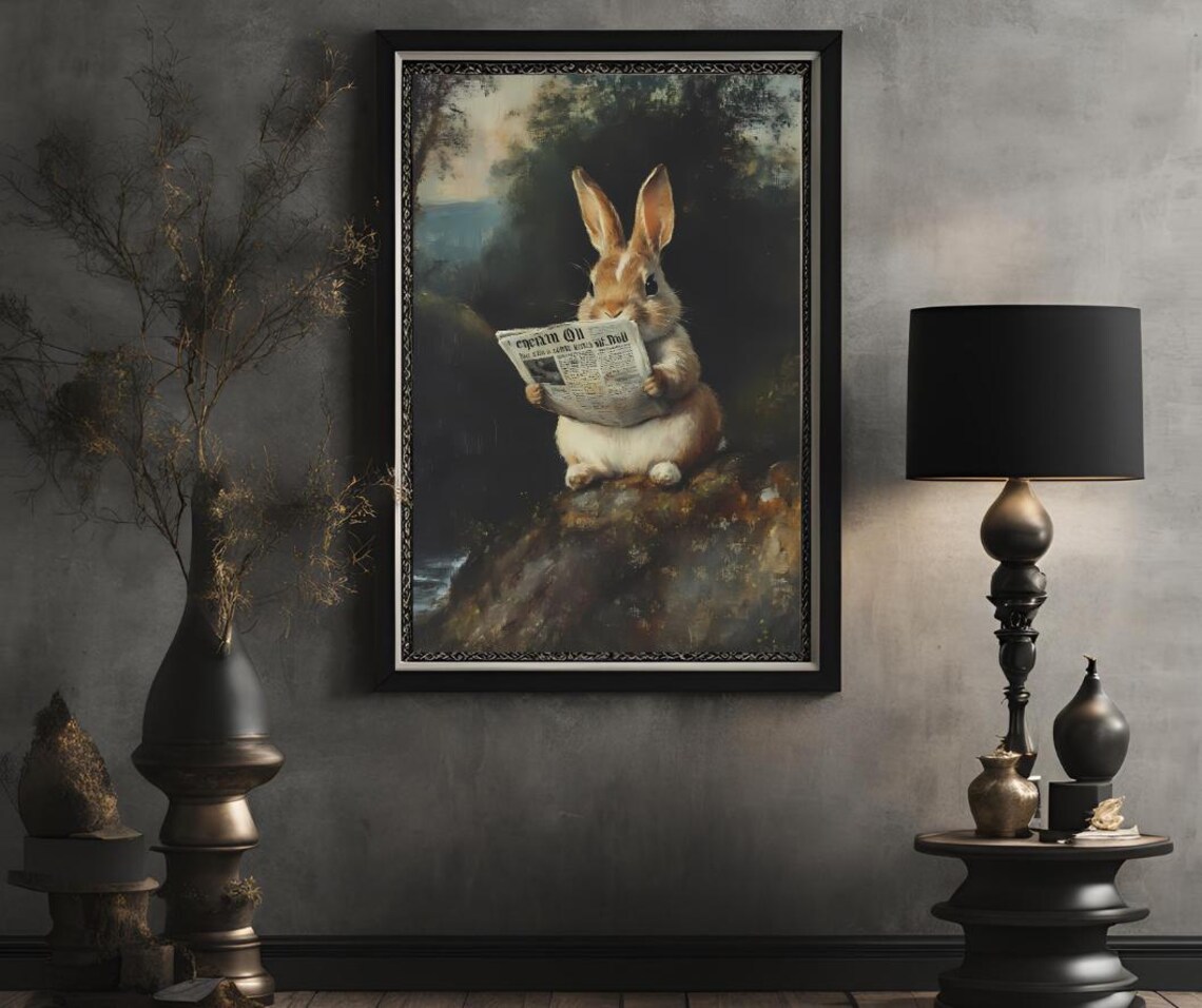 Whimsical Rabbit Reading Newspaper Rustic Woodland Oil Style Art Poster - Image 2