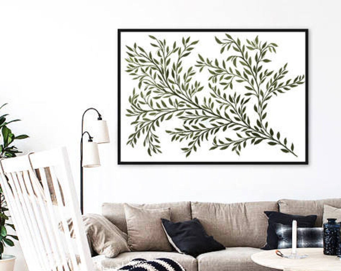 Green Botanical Leaf Branch Watercolor Style Nature Home Print