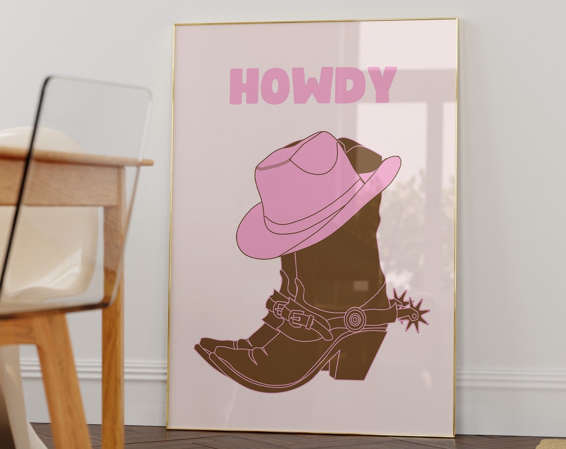 Howdy Pink Cowboy Hat and Boots Preppy Western Wall Art Decor