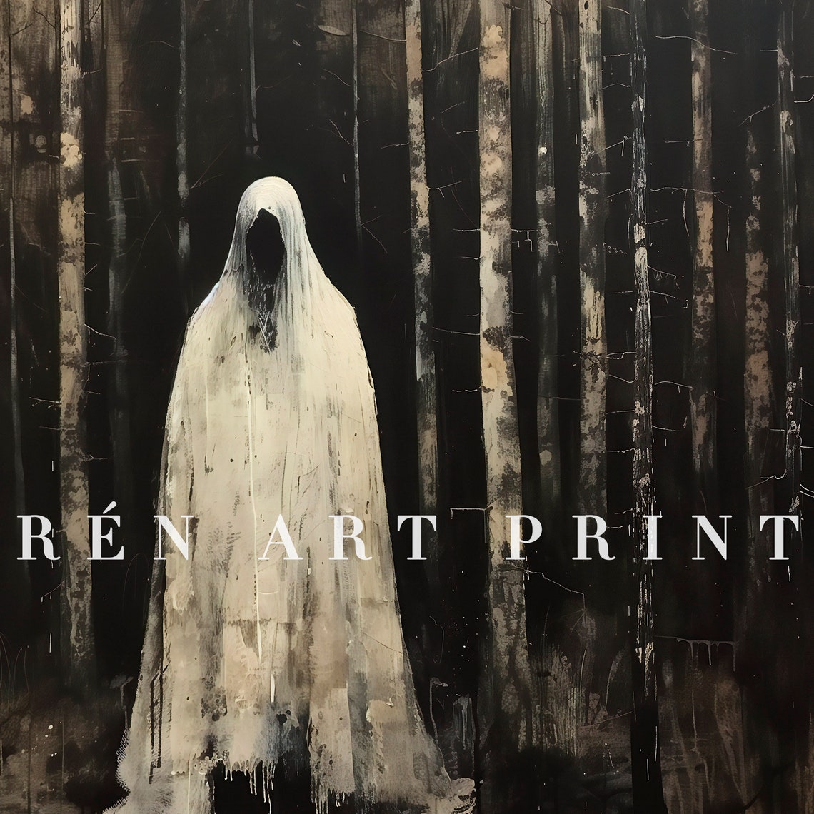 Lone Ghost in White Sheet Standing in Dark Birch Forest Poster - Image 3