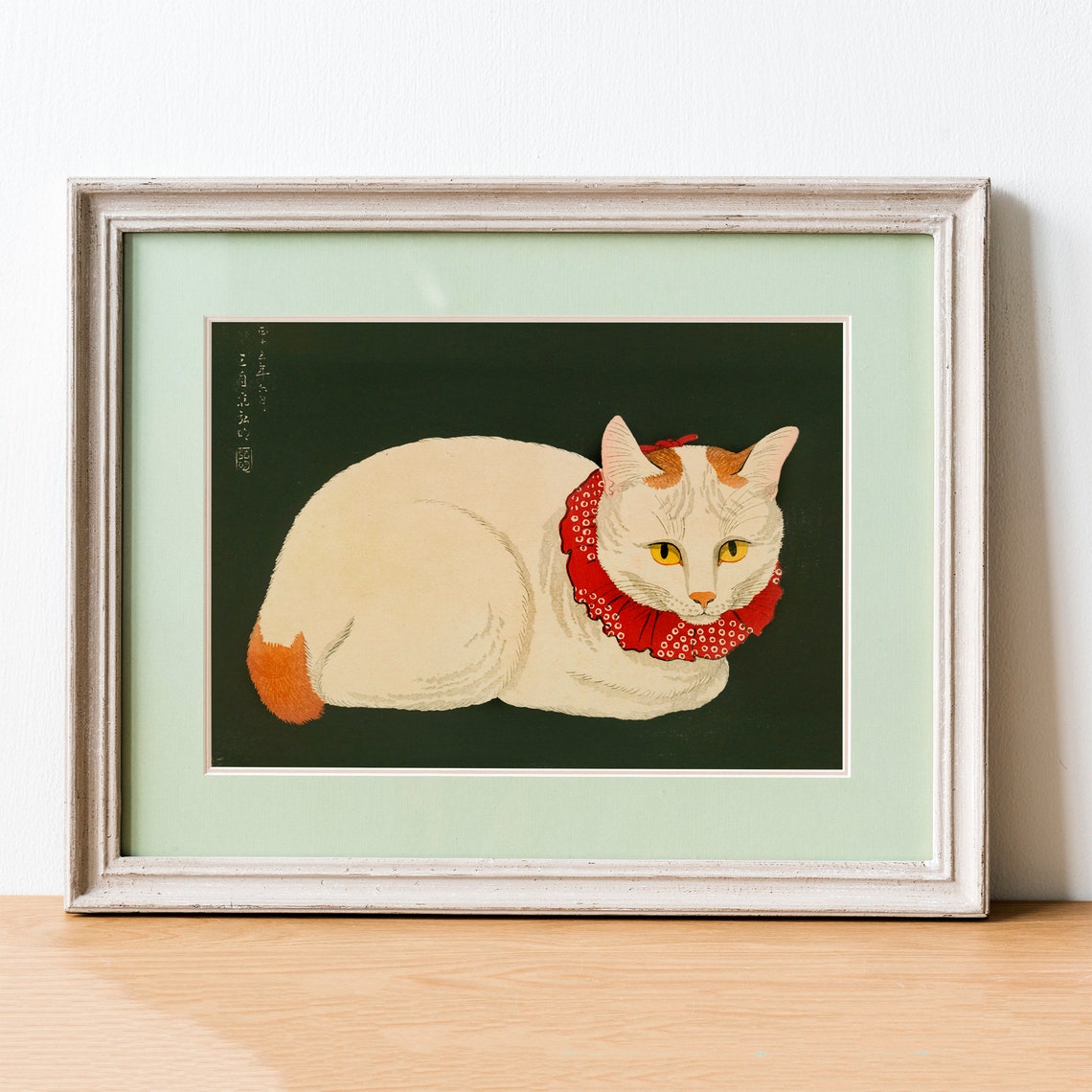 White Cat with Red Scarf Vintage Japanese Woodblock Cat Art Poster - Image 2