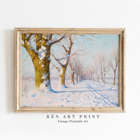 Snowy Tree Lined Winter Road Impressionist Landscape Antique Poster