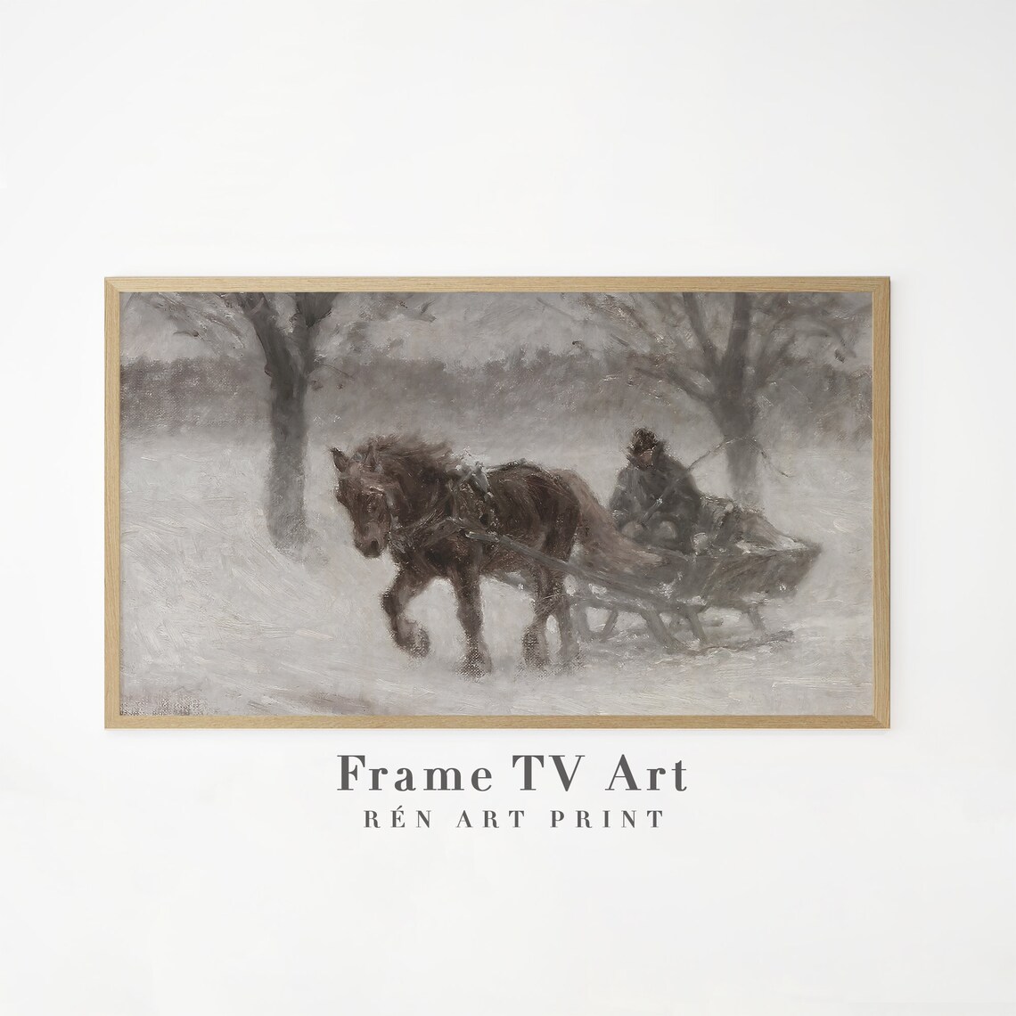 Horse Drawn Sleigh in Snowstorm Vintage Winter Frame TV Art Poster