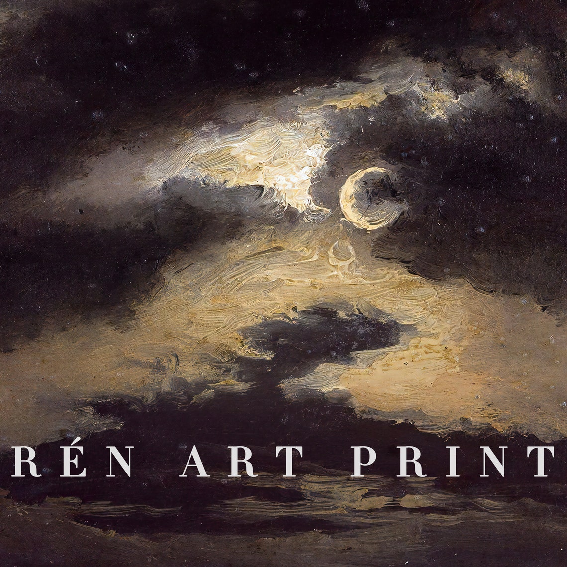 Moonlit Night Landscape with Crescent Moon Dark Moody Art Print - Image 3