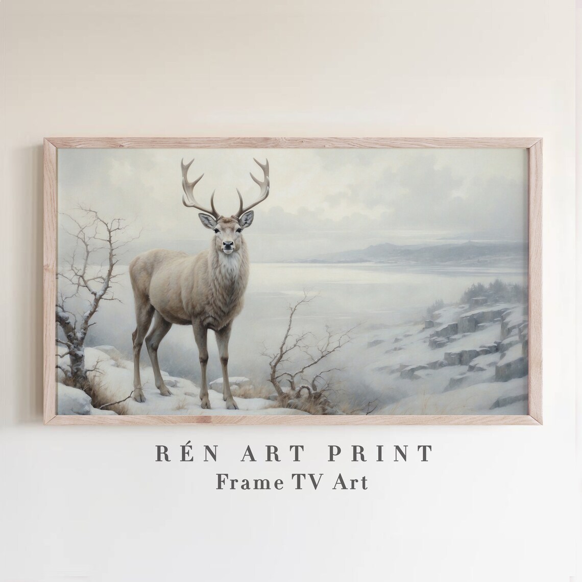 White Stag with Antlers on Snowy Hillside Winter Frame TV Art Poster