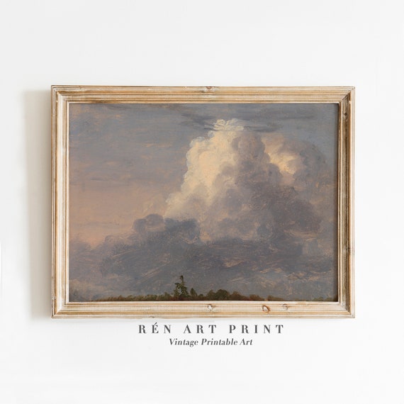 Vintage Cloudy Sky Wall Art Muted Oil Painting Antique Landscape Wall Art Nursey Farmhouse Wall Decor