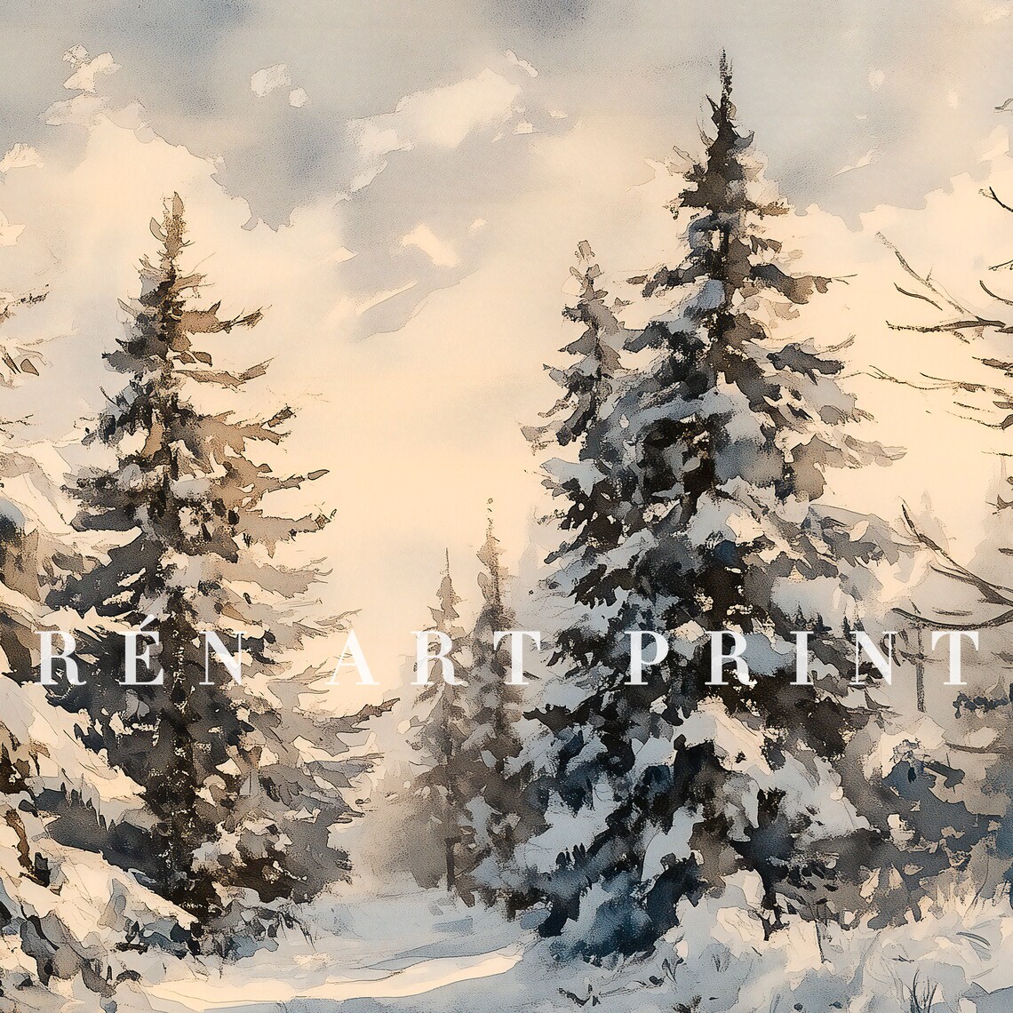 Vintage Winter Pine Forest Art Print, Rustic Holiday - Image 3