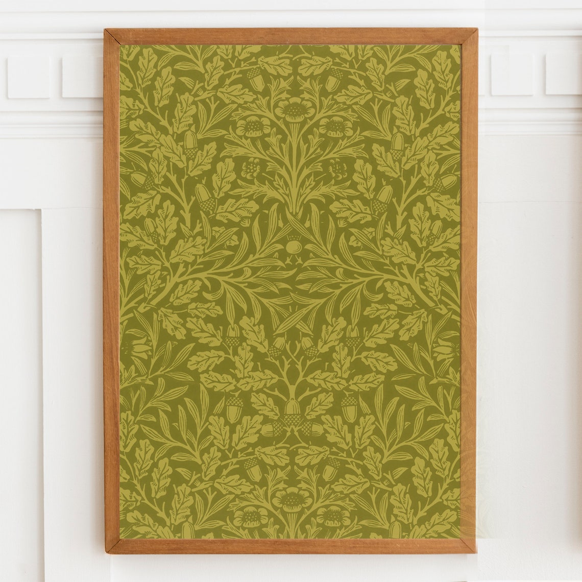 Green Acorn and Oak Leaf Arts and Crafts Textile Pattern Art Print - Image 2