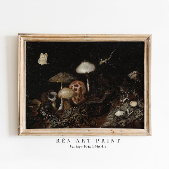 Dark Moody Forest Moth Snake Mushroom Art Print