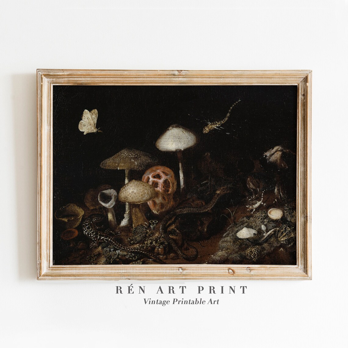 Dark Moody Forest Moth Snake Mushroom Art Print