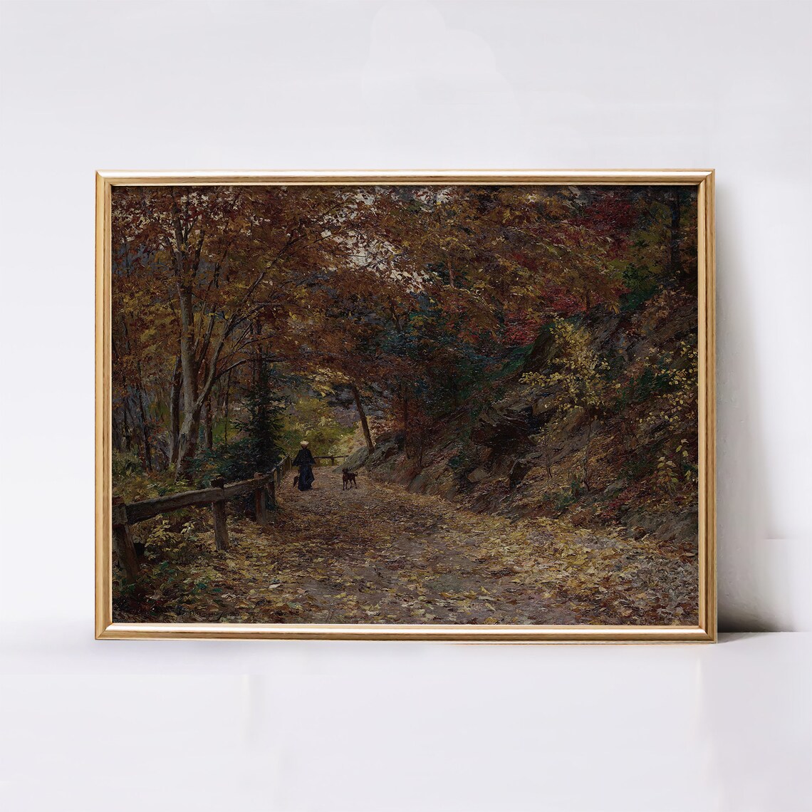 Autumn Forest Path Vintage Woodland Woman Walking Dog Fall Poster - Image 2
