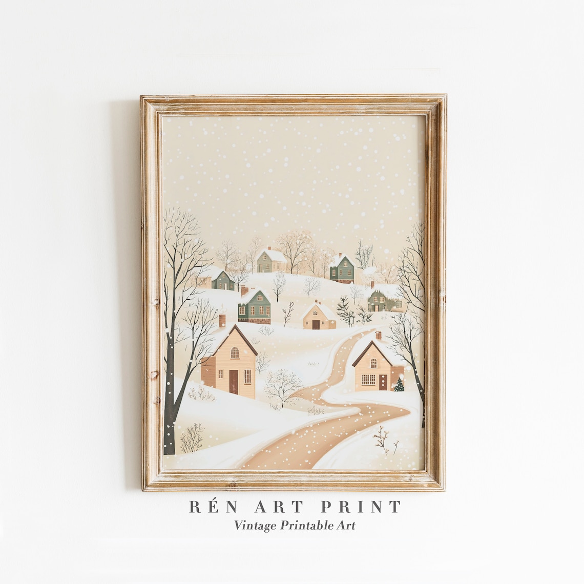 Cozy Snowy Hillside Village Pastel Winter Town Vintage Wall Art