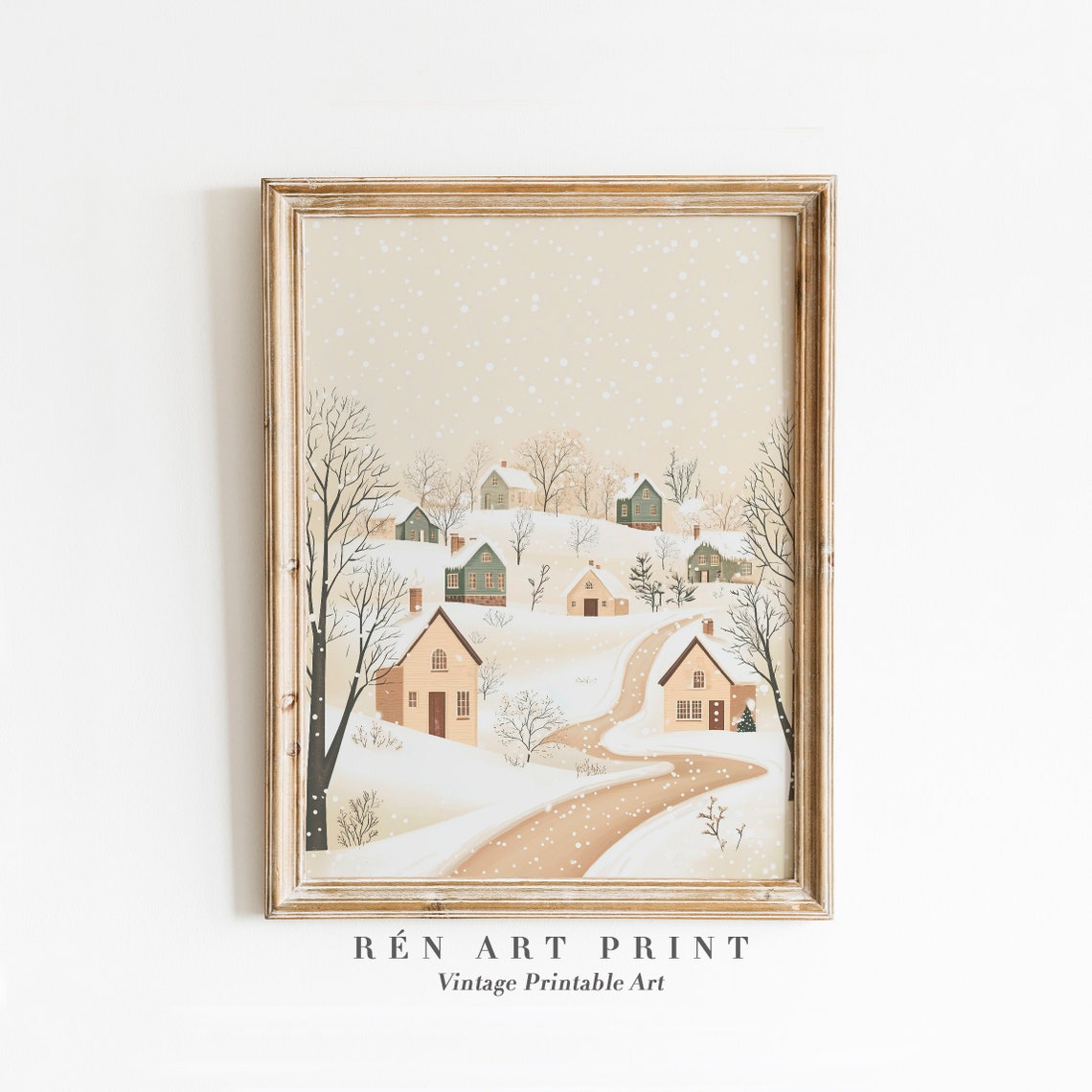 Vintage Snowy Village Wall Art Neutral Winter Painting Antique Seasonal Art Cottage Christmas Decor Holiday Nursery Print