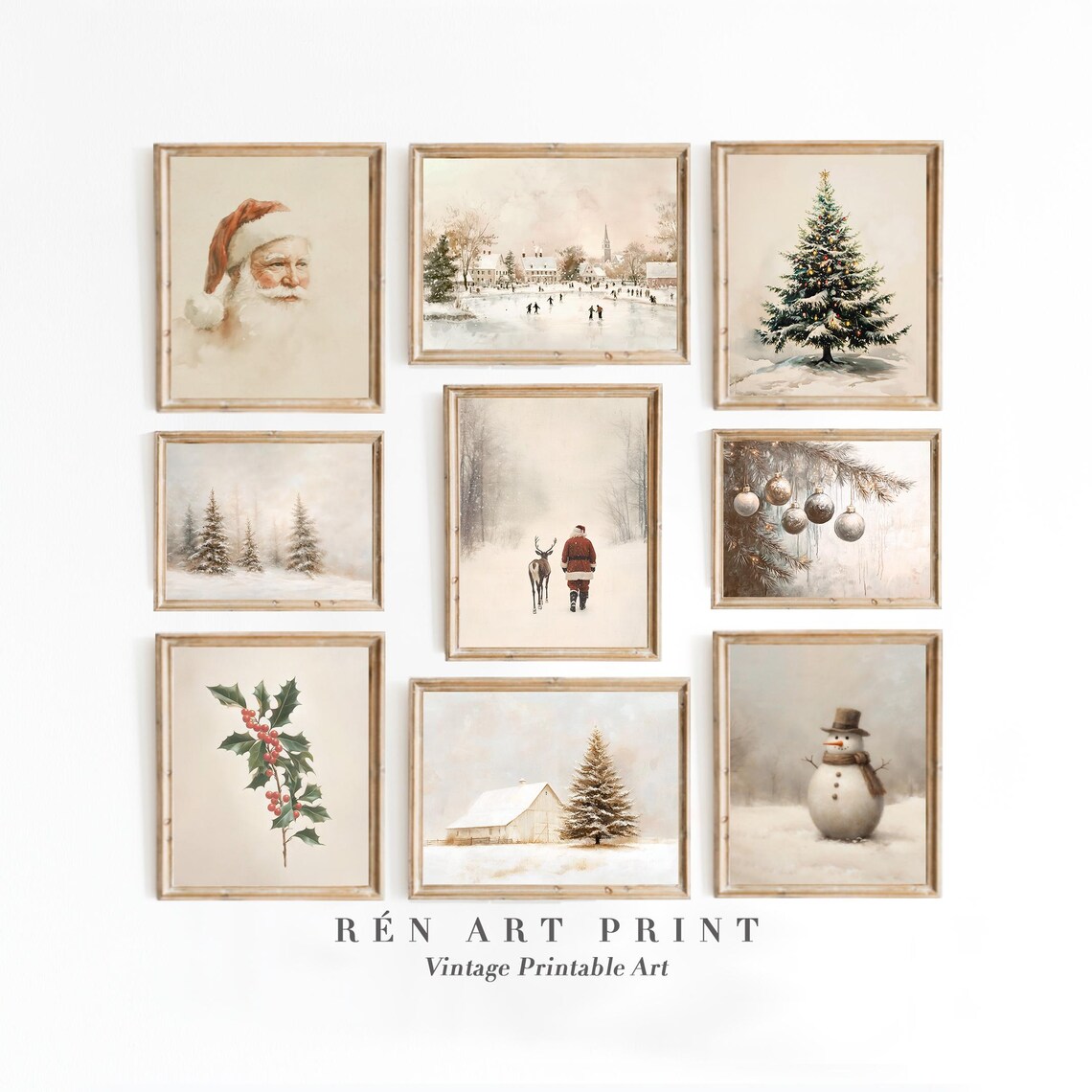 Neutral Christmas Prints, Vintage Holiday Wall Art