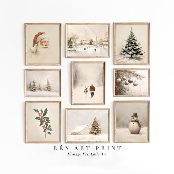 Neutral Christmas Prints, Vintage Holiday Wall Art