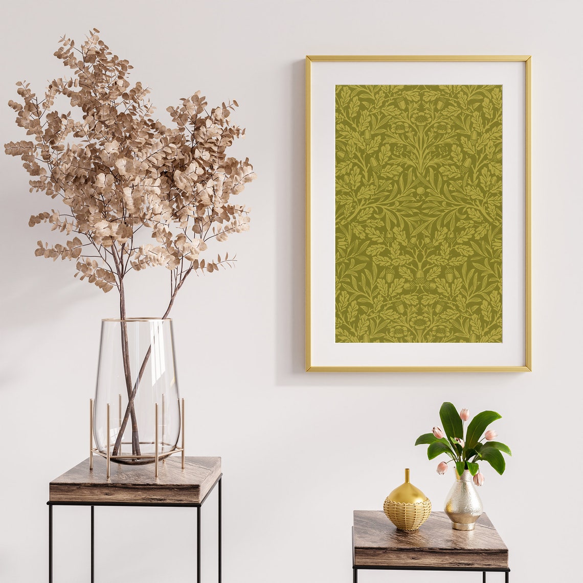 Green Acorn and Oak Leaf Arts and Crafts Textile Pattern Art Print - Image 3