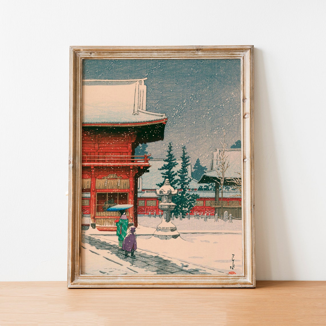 Red Winter Japanese Woodblock Snowy Temple Shrine Vintage Wall Art - Image 2