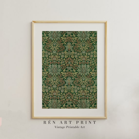 Green Vintage Tapestry Pattern Art Print, Rustic Textile