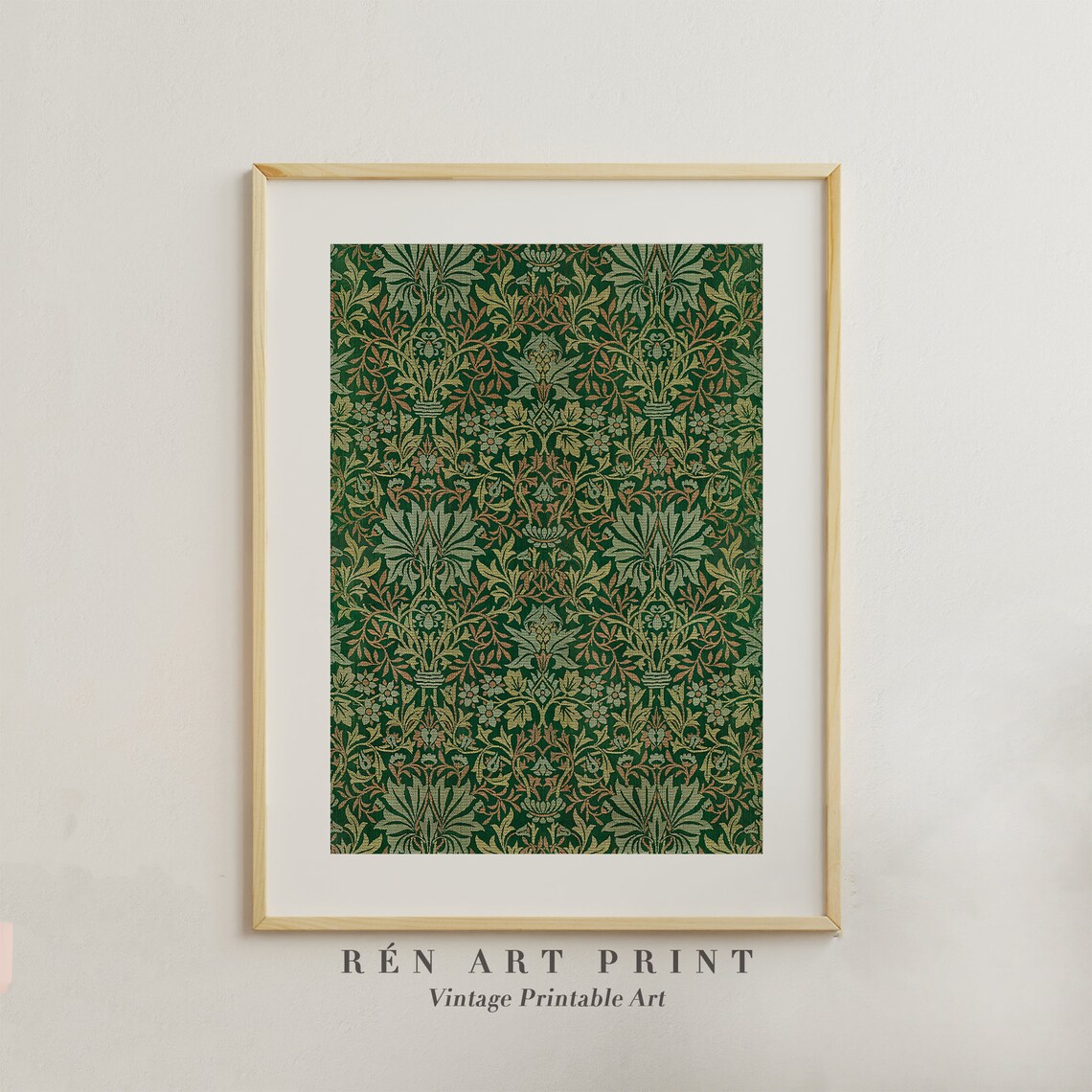 Green Vintage Tapestry Pattern Art Print, Rustic Textile