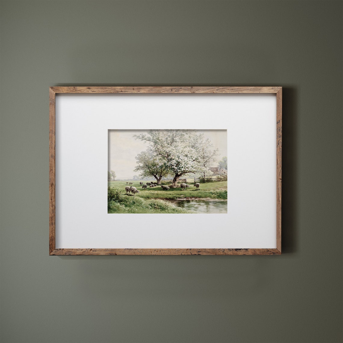Sheep Grazing in Green Meadow Under Blossoming Tree Spring Poster - Image 2