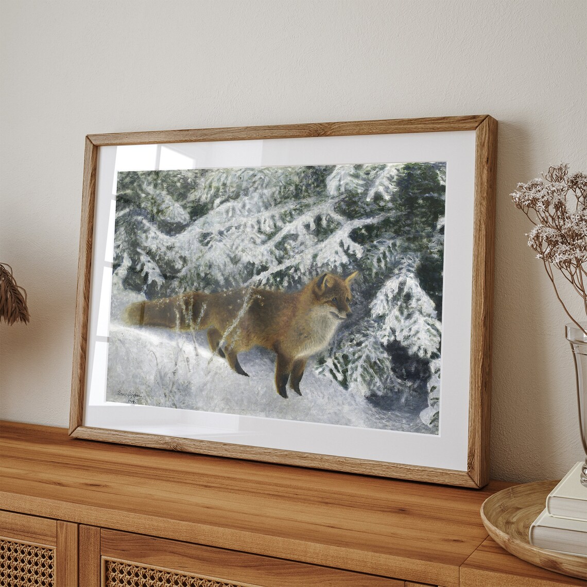 Red Fox in Snowy Forest Vintage Wildlife Oil Painting Winter Poster - Image 3