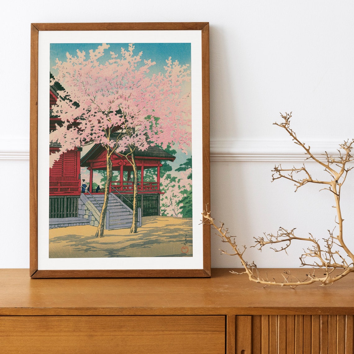 Cherry Blossoms Red Temple Japanese Woodblock Style Art Poster - Image 3