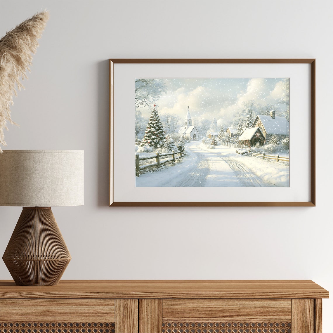 Antique Village With Church Painting Snowy Street Wall Art Winter Rustic Art Print Country Farmhouse Living Room Wall Art - Image 2