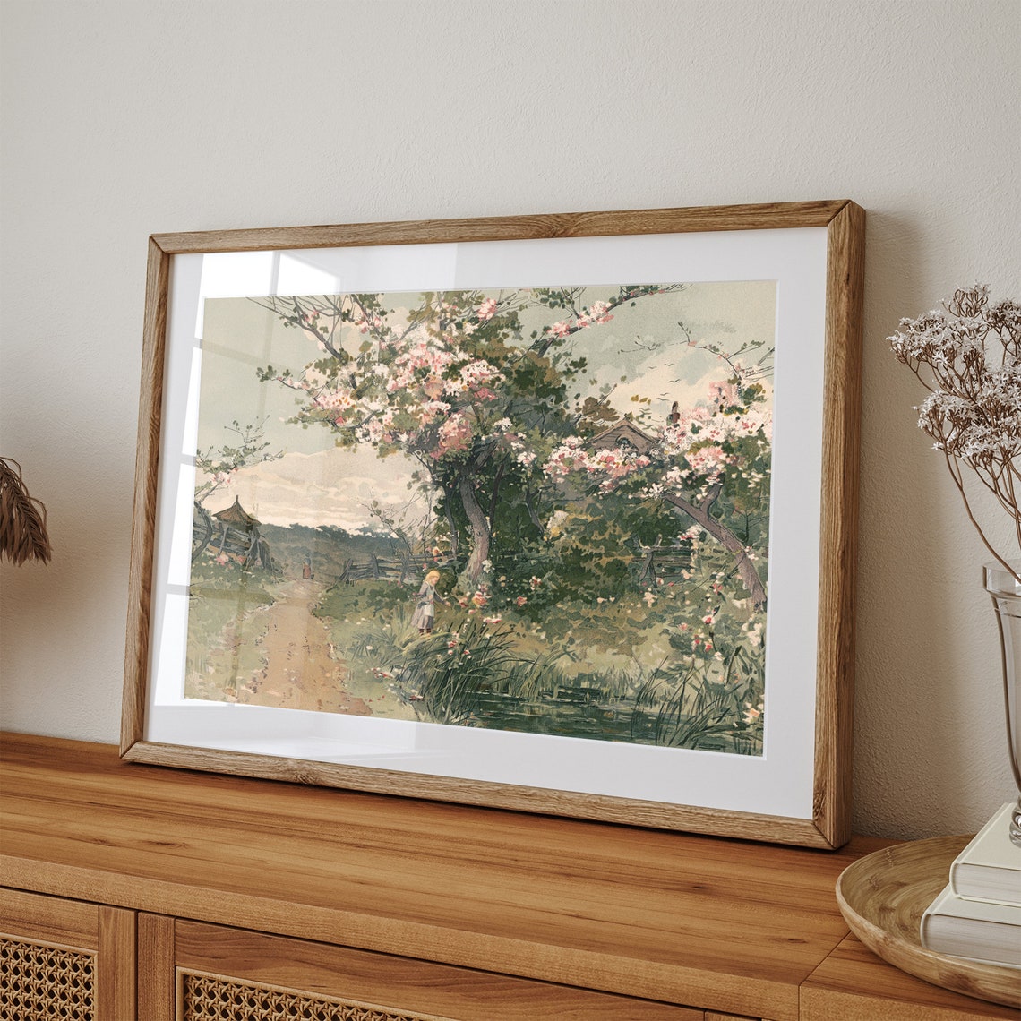 Cottage Garden Path Vintage Pink Blossom Tree Spring Pond Poster - Image 3
