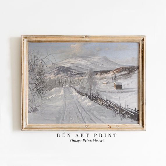 Snowy Mountain Road Winter Landscape Painting Antique Farmhouse Poster