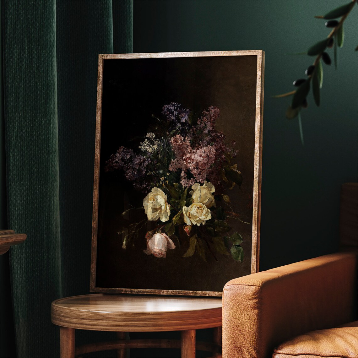 Dark Floral Bouquet Roses Lilacs Moody Still Life Vintage Wall Art - Image 3