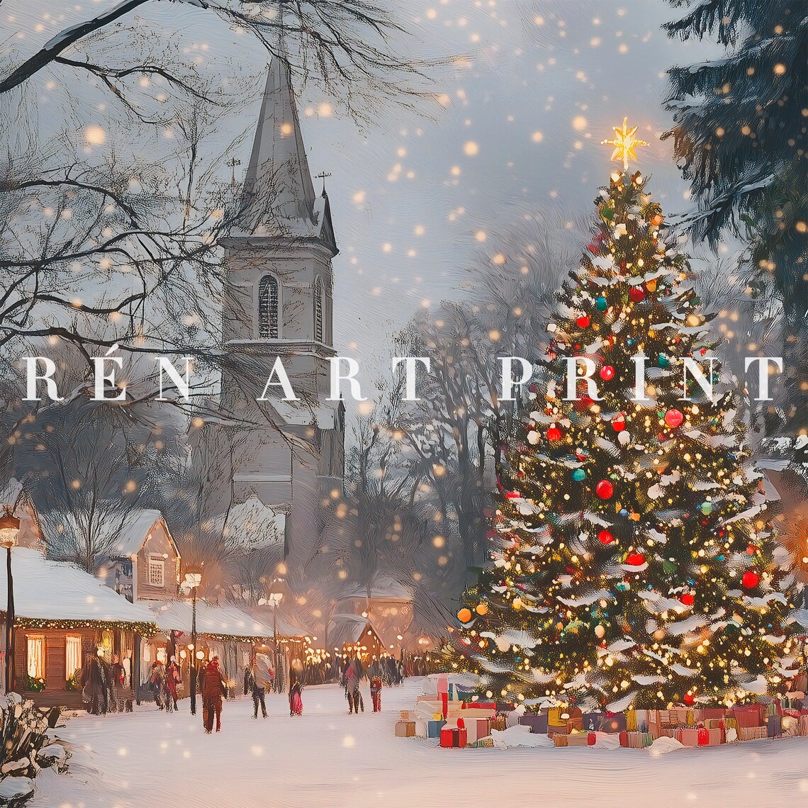 Snowy Christmas Town Square with Tree and Church Holiday Poster - Image 3