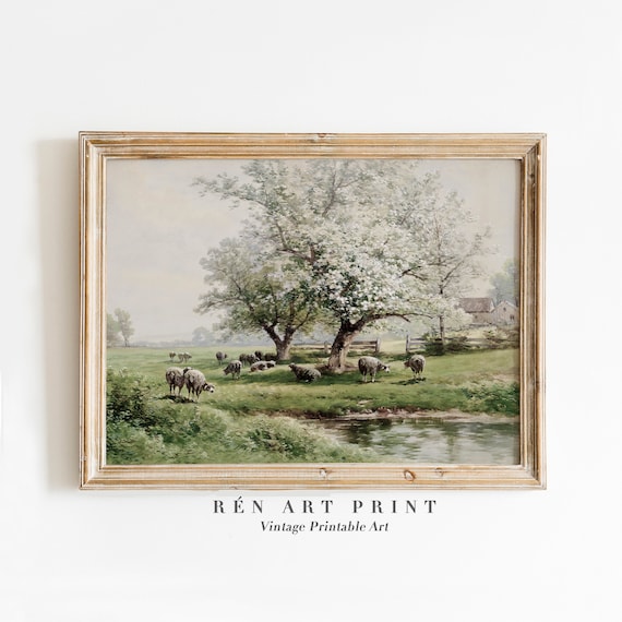Sheep Grazing in Green Meadow Under Blossoming Tree Spring Poster