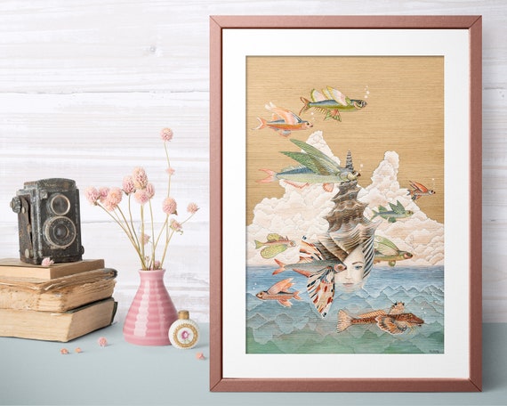 Flying Fish Beach House Vintage Boho Art Print