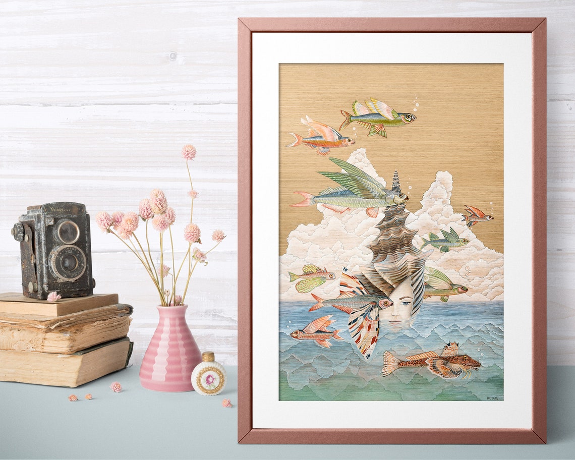 Flying Fish Beach House Vintage Boho Art Print