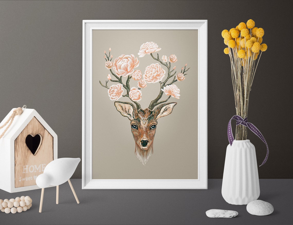 Deer Portrait Crowned With Blooming Pink Peonies Floral Art Poster