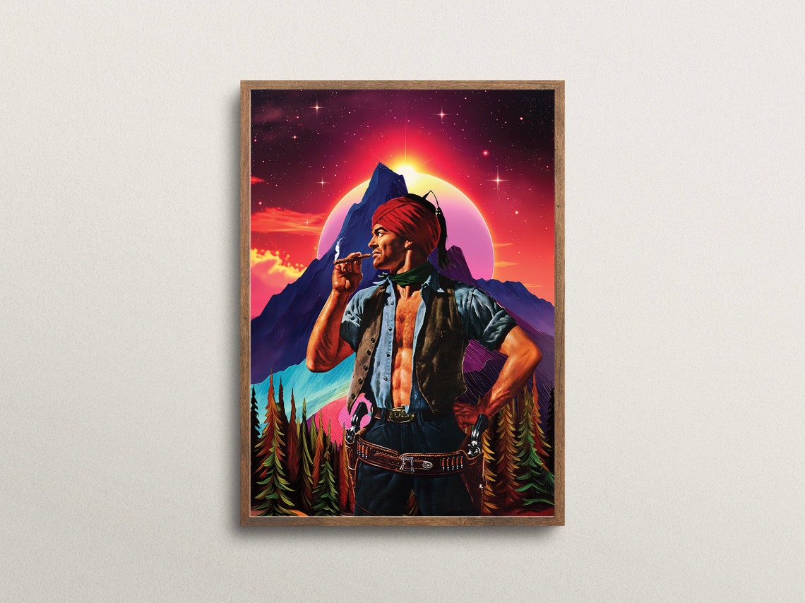 Space Cowboy Red Bandana Glowing Cosmic Planet Neon Western Poster - Image 3