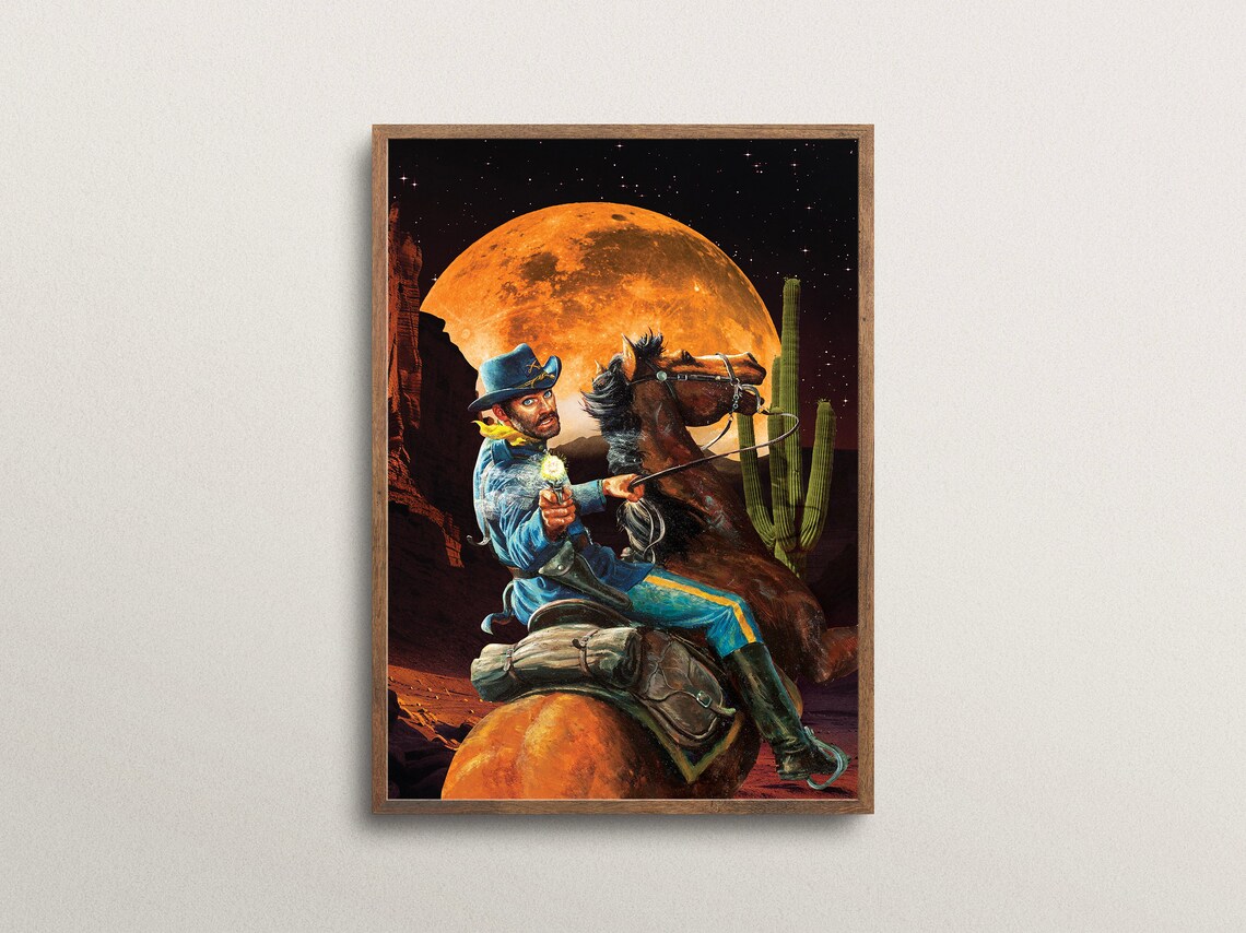 Space Cowboys Cowboy On Horse Giant Orange Moon Night Western Poster - Image 2