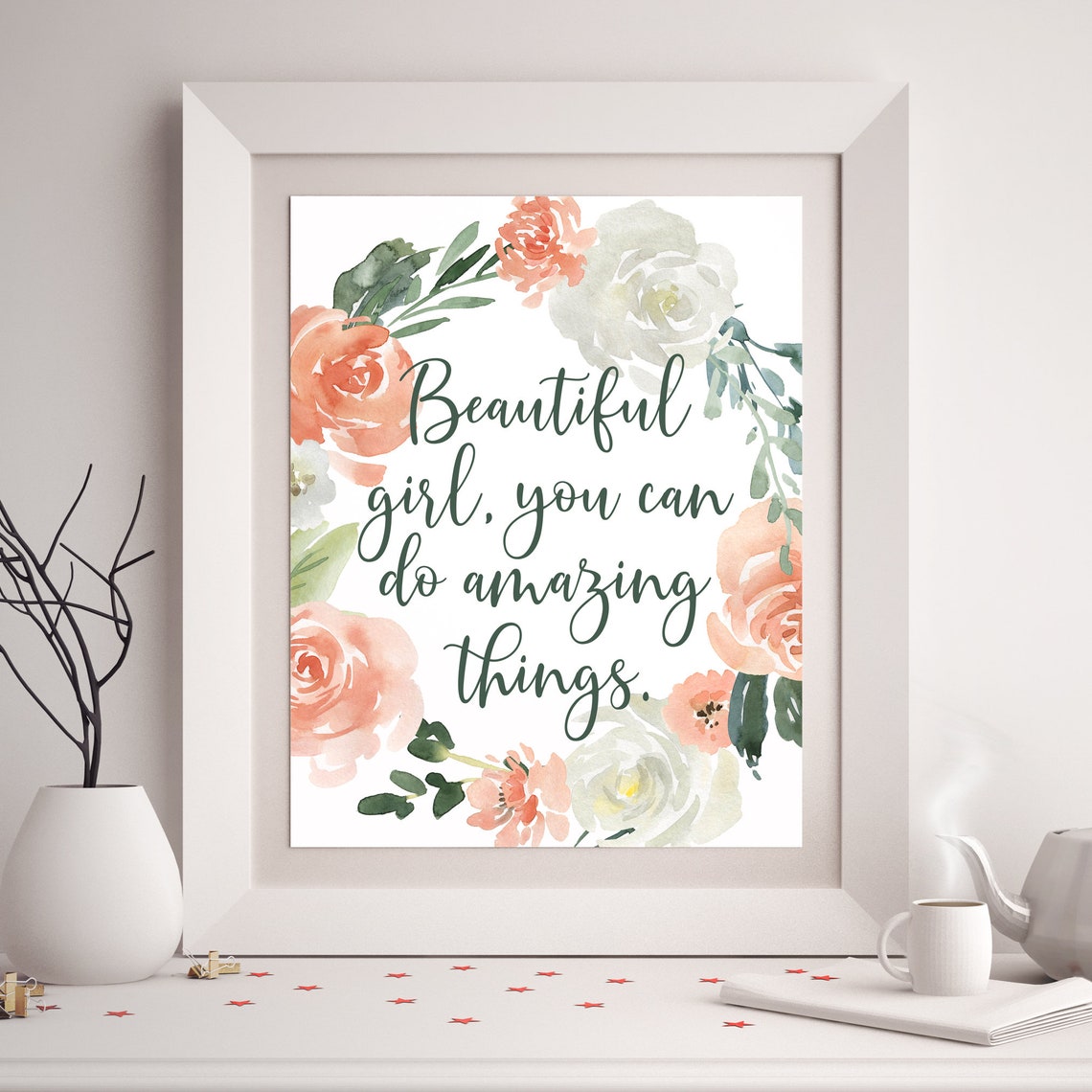 Beautiful Girl Coral Pink White Green Flower Wall Art Unframed Watercolor Print Botanical Wall Art Floral Wall Art Farmhouse Home Decor - Image 3