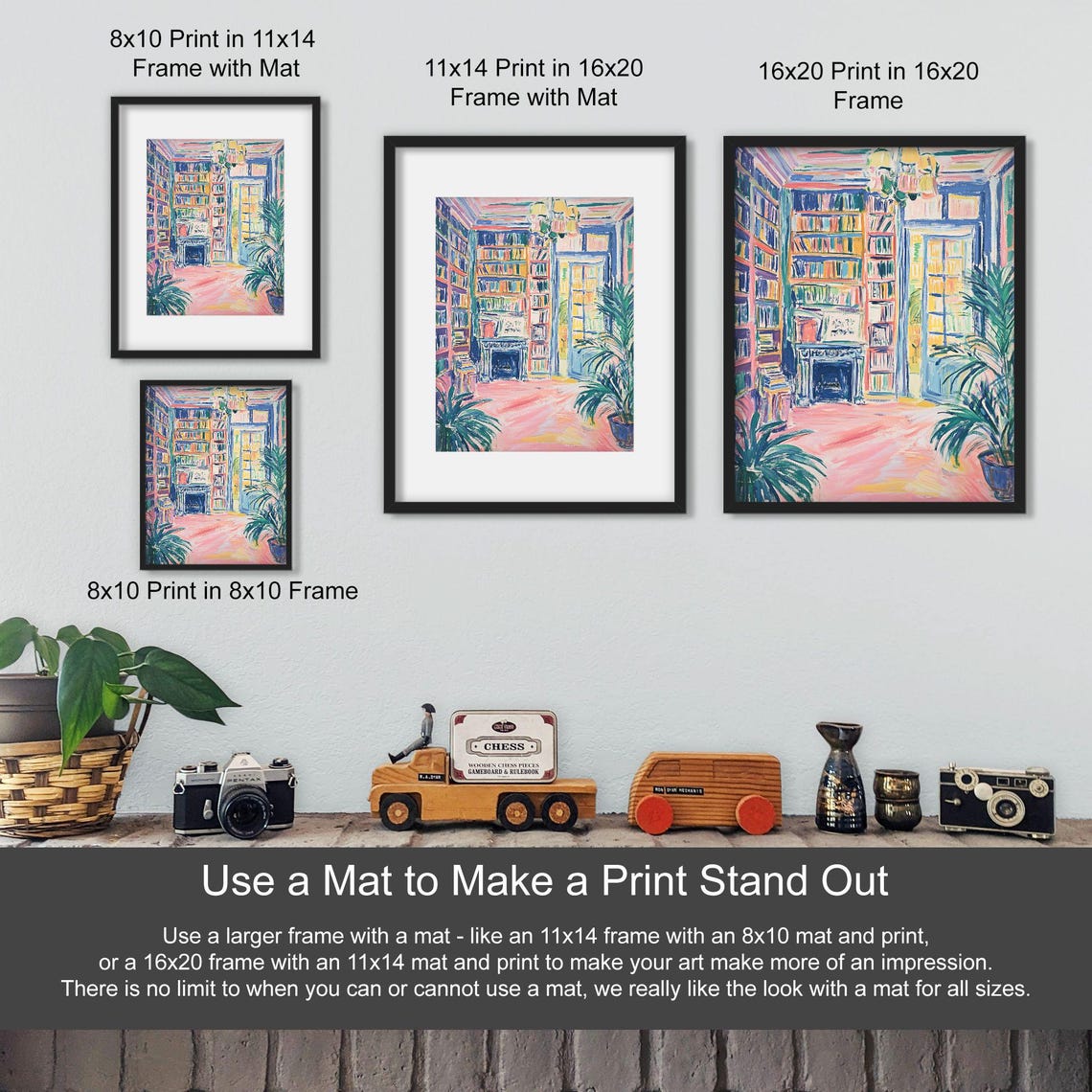 Colorful Library Interior with Fireplace Fauvist Style Art Poster - Image 3