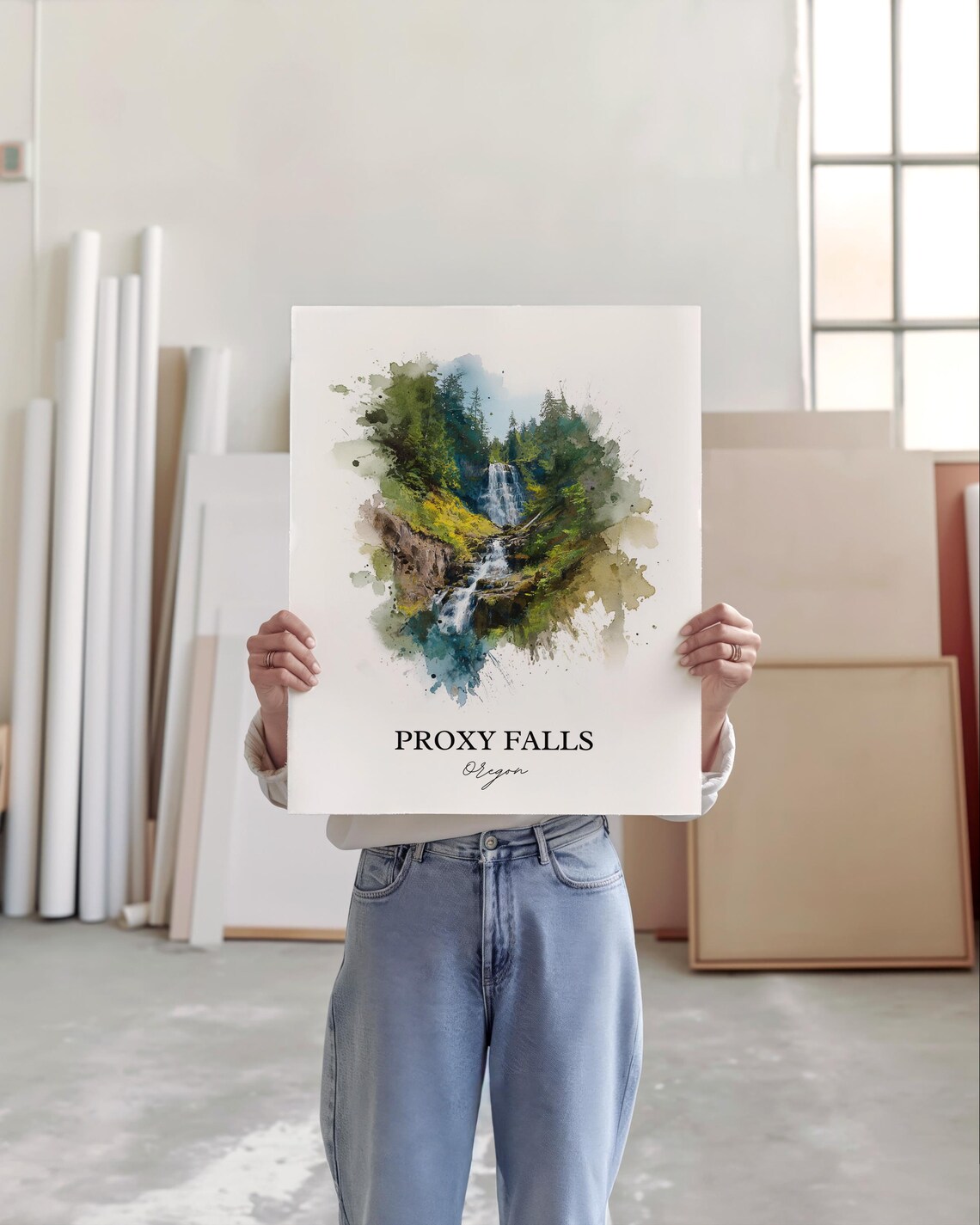 Proxy Falls Oregon Cascading Waterfall Forest Watercolor Travel Poster - Image 3