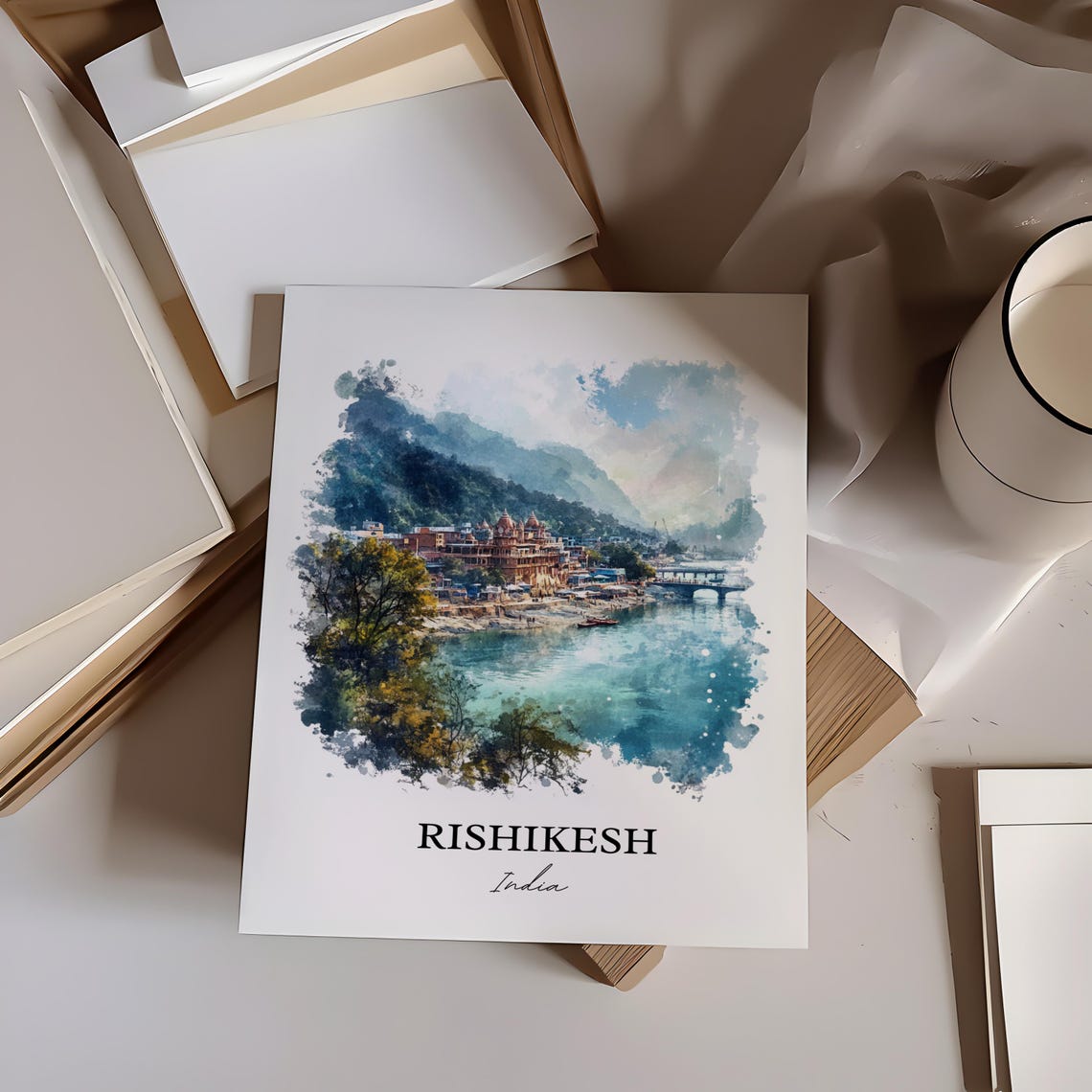 Rishikesh India Watercolor Riverside Temples Ganges River Poster - Image 3