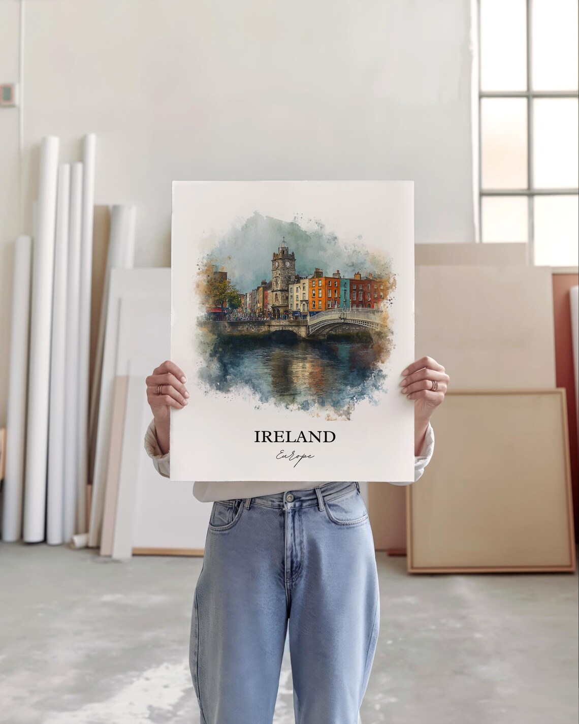 Ireland Dublin Clock Tower Riverside Watercolor Europe Travel Poster - Image 3
