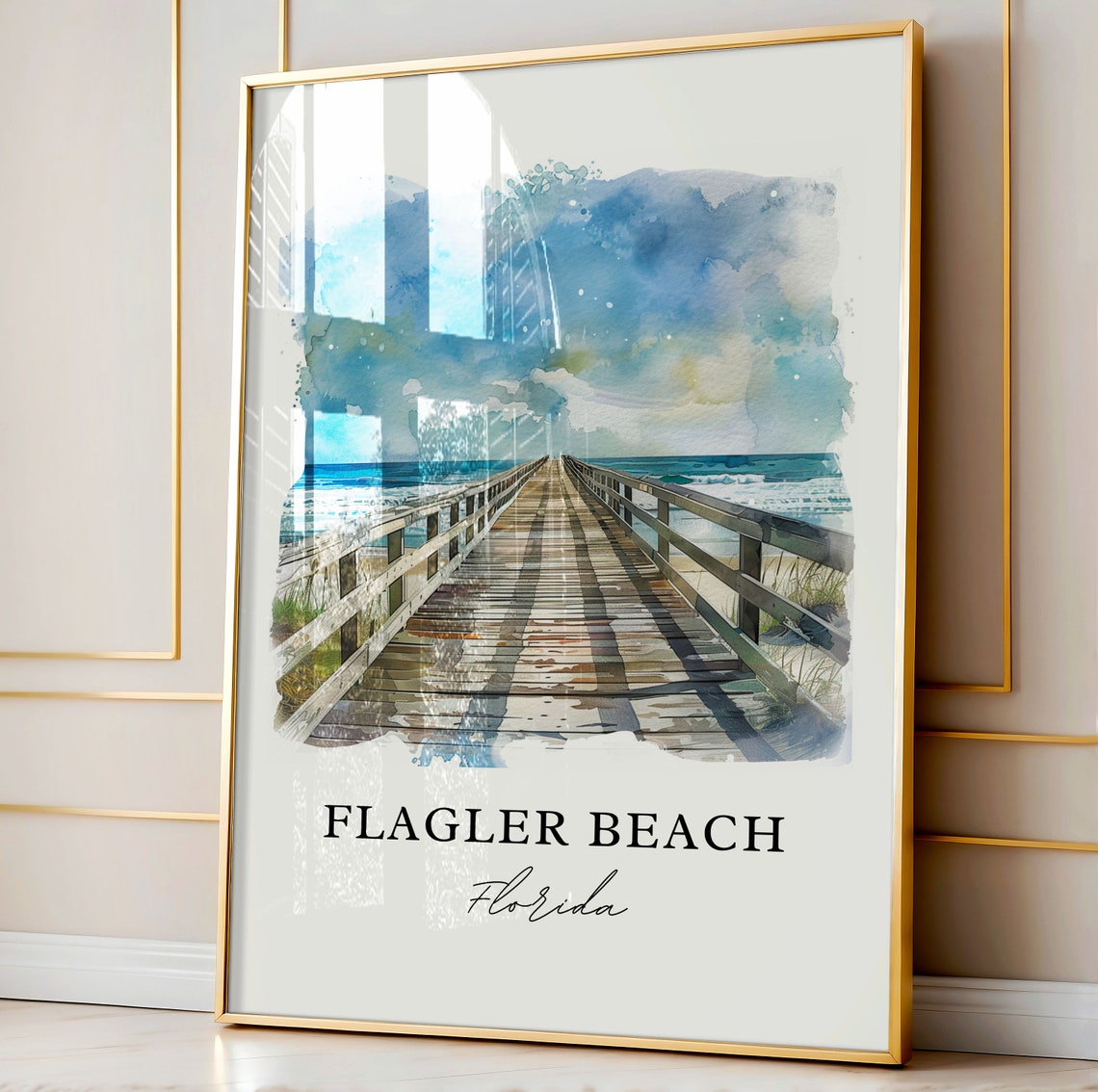 Flagler Beach Florida Ocean Pier Boardwalk Watercolor Poster - Image 4
