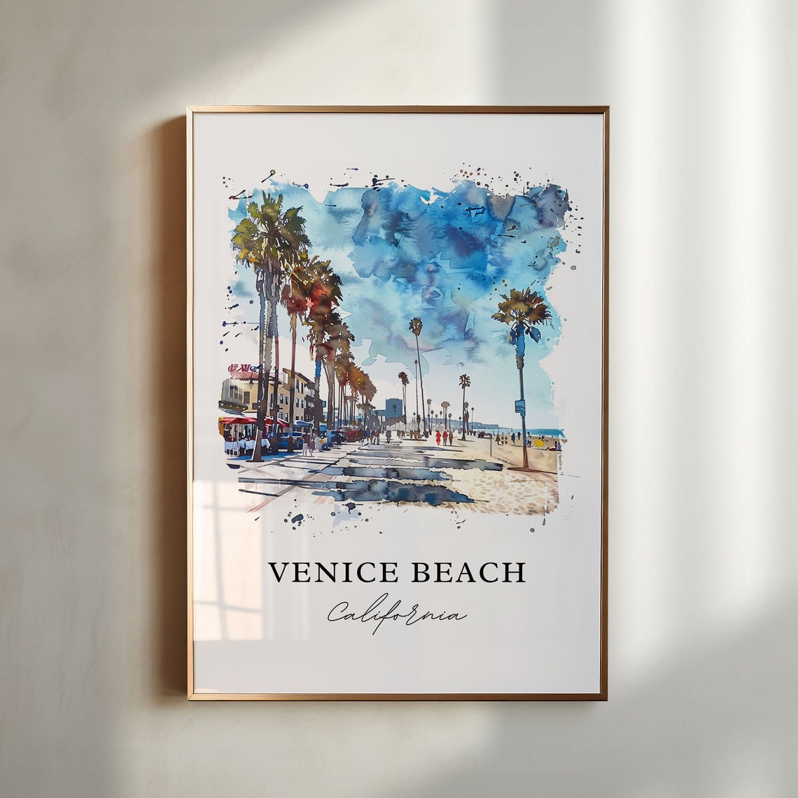 Venice Beach California Watercolor Boardwalk Palm Trees Scene Poster