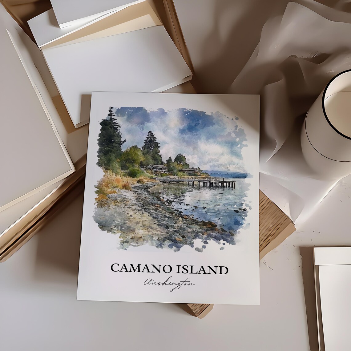 Camano Island Washington Shoreline Pier Watercolor Beach Scene Poster - Image 2