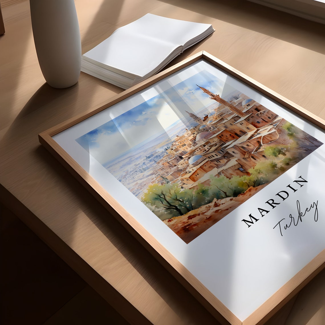 Mardin Turkey Watercolor Hilltop Old City Minarets Panorama Poster - Image 5